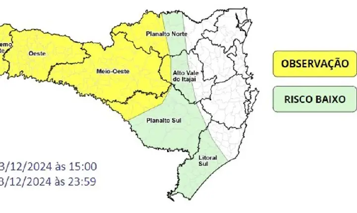 Chuva volumosa e temporais estão previstos para o Oeste, alerta Defesa Civil