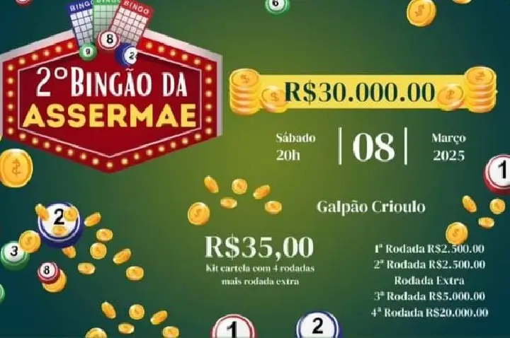 Participe do 2º Bingão da ASSERMAE no Dia 8 de Março.