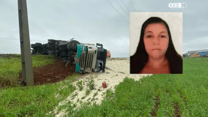 Identificada mulher que morreu atropelada por caminhão tombado no Oeste de SC