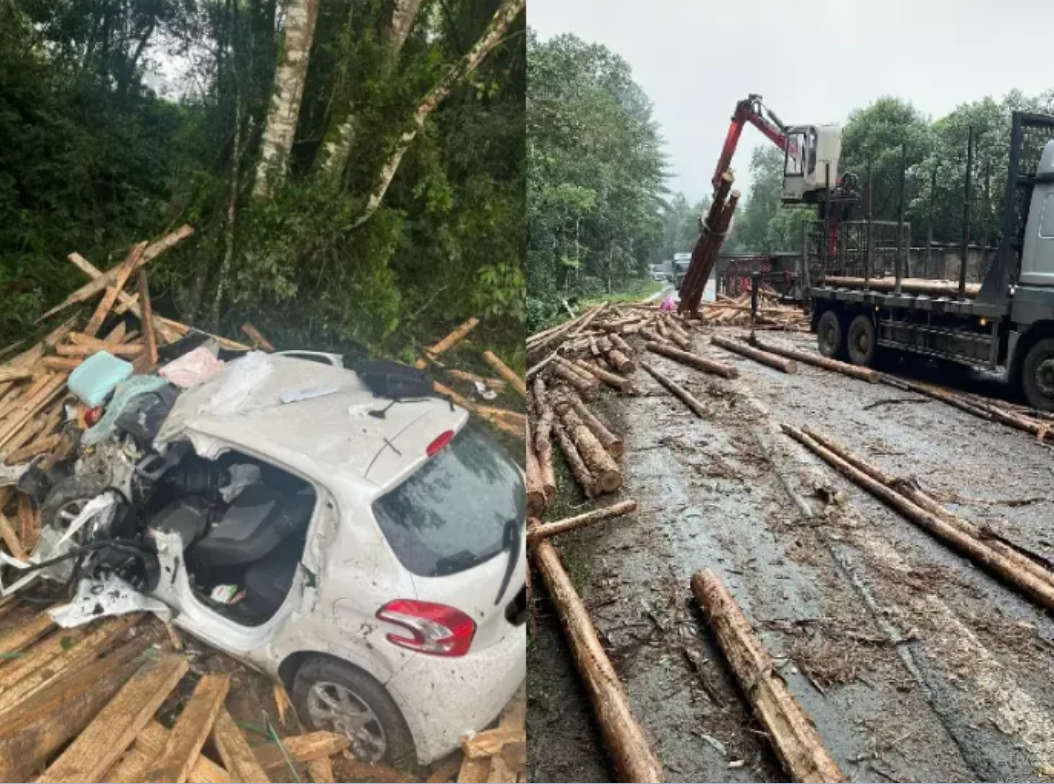 Carga de caminhão cai em cima de carro e mata homem e cachorro na BR-282 em SC