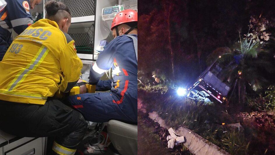 Morre motorista de caminhão que caiu em ribanceira, na BR-282, na Grande Florianópolis