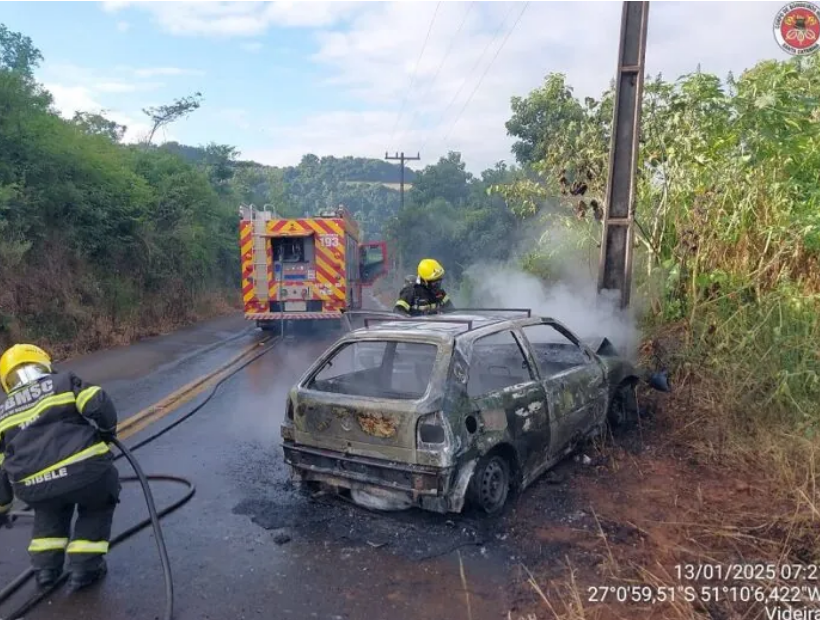 Carro bate em poste e pega fogo